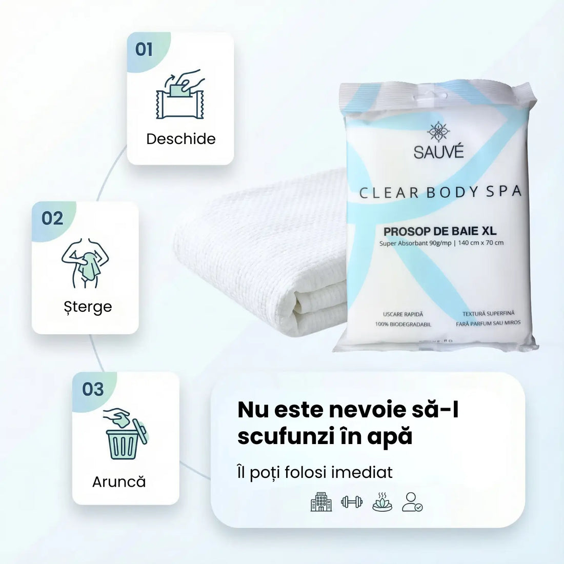 Prosoape de corp de unică folosință Sauvé Clear Body SPA, XL 140x70 cm, vâscoză de bumbac, 100% biodegradabile, ideale pentru călătorii, sală, piscină