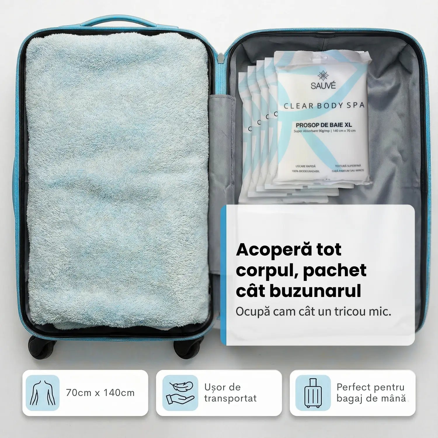 Prosoape de corp de unică folosință Sauvé Clear Body SPA, XL 140x70 cm, vâscoză de bumbac, 100% biodegradabile, ideale pentru călătorii, sală, piscină