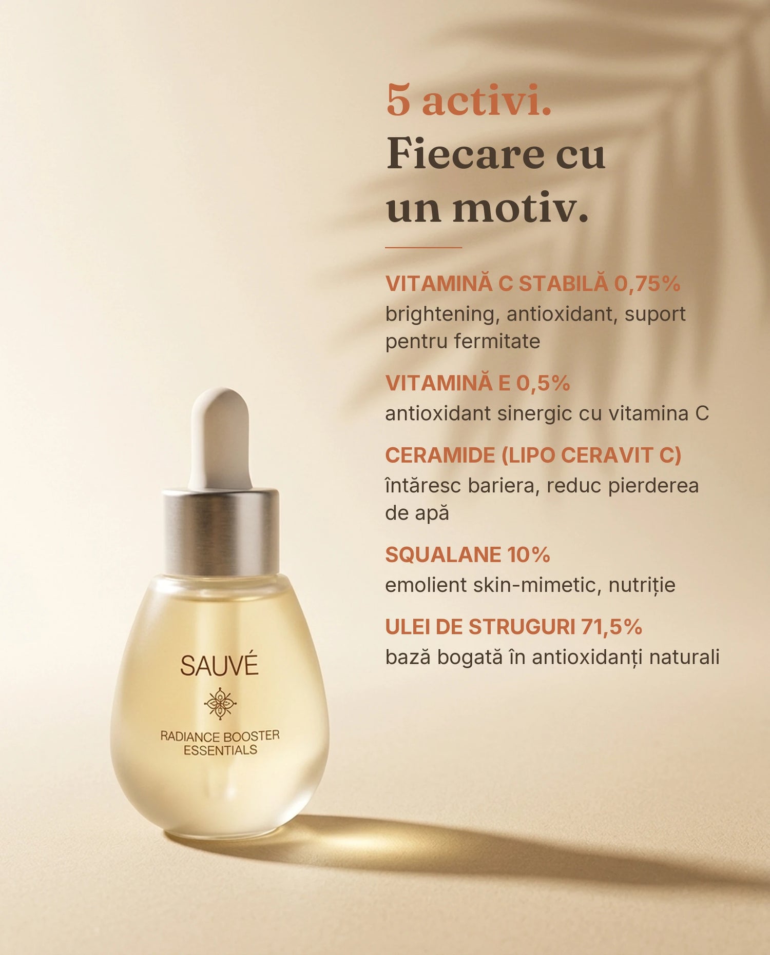 Radiance Booster - ingrediente: vitamină C stabilă, vitamină E, squalane