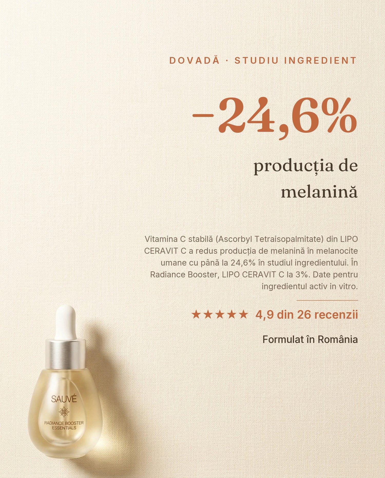 Radiance Booster - dovadă: -24,6% producția de melanină cu vitamină C