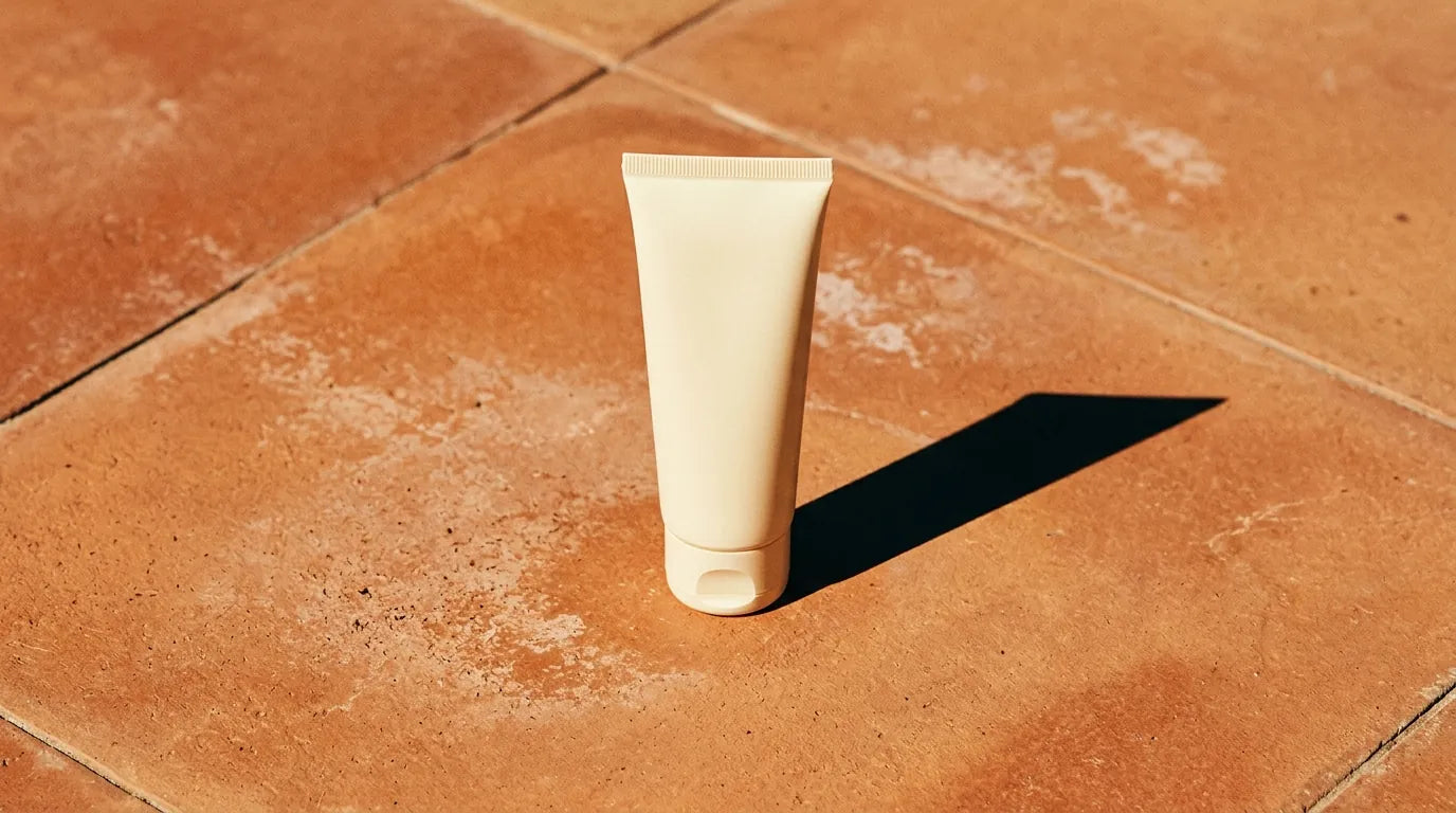Tub de protecție solară neutilizat pe pavaj de terracotta — protecția care nu a fost aplicată