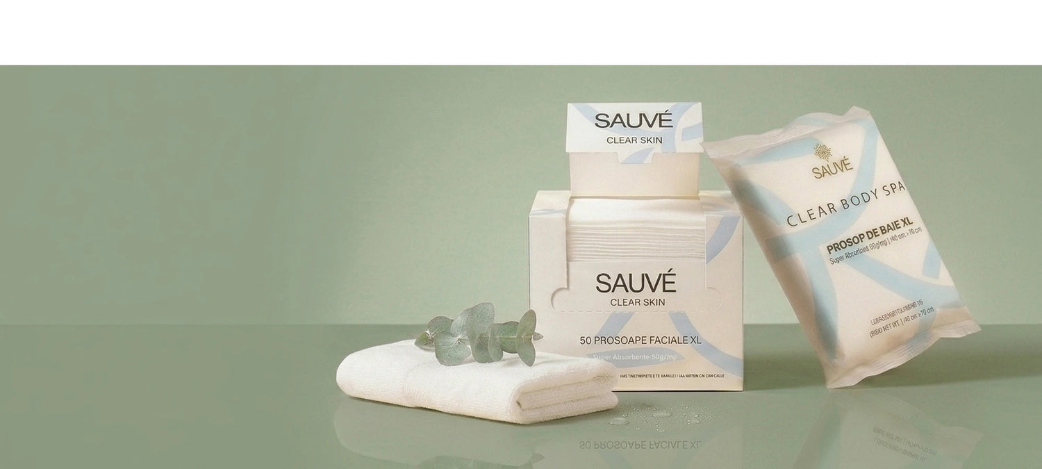 Sauvé Esențiale - Clear Skin și Clear Body SPA pe fundal verde salvie cu eucalipt