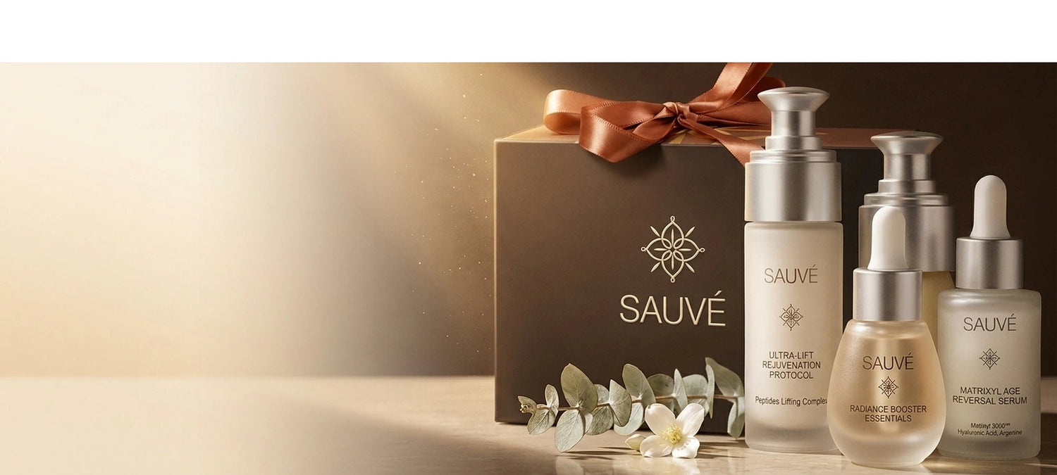 Sauvé Seturi &amp; Rutine - cutie cadou maro cu fundă teracotă, seruri reale și eucalipt