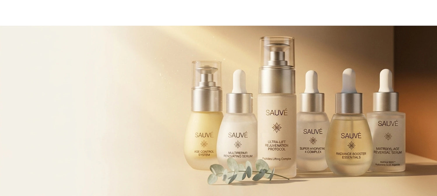Sauvé Skincare - gama completă de seruri și creme pe fundal cald cu eucalipt