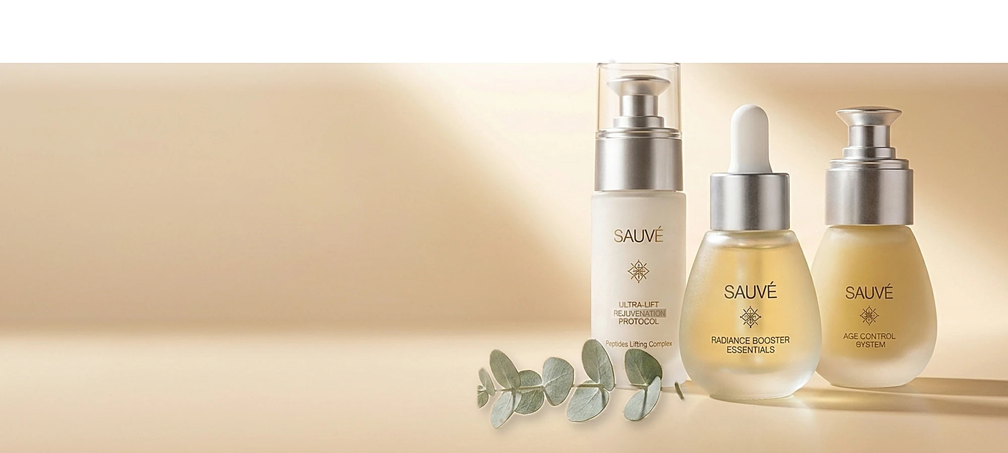 Sauvé Skincare - trio seruri pe fundal cu bandă albă