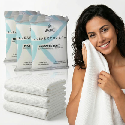 Prosoape de corp de unică folosință Sauvé Clear Body SPA, XL 140x70 cm, vâscoză de bumbac, 100% biodegradabile, ideale pentru călătorii, sală, piscină