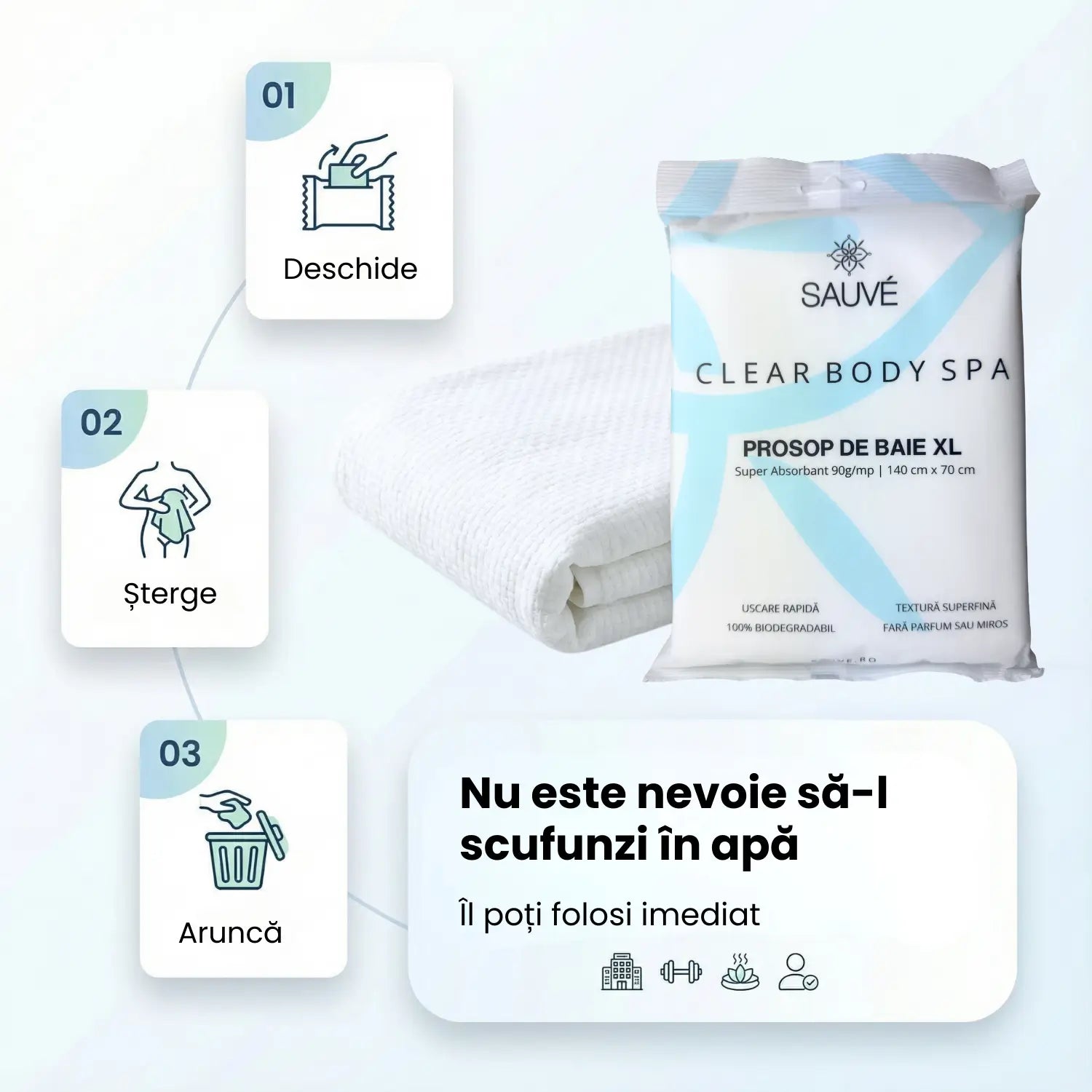 Prosoape de corp de unică folosință Sauvé Clear Body SPA, XL 140x70 cm, vâscoză de bumbac, 100% biodegradabile, ideale pentru călătorii, sală, piscină