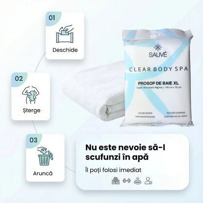 Prosoape de corp de unică folosință Sauvé Clear Body SPA, XL 140x70 cm, vâscoză de bumbac, 100% biodegradabile, ideale pentru călătorii, sală, piscină