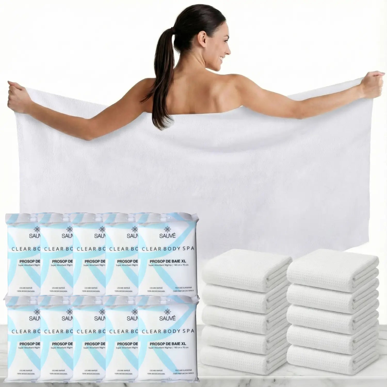 Prosoape de corp de unică folosință Sauvé Clear Body SPA, XL 140x70 cm, vâscoză de bumbac, 100% biodegradabile, ideale pentru călătorii, sală, piscină