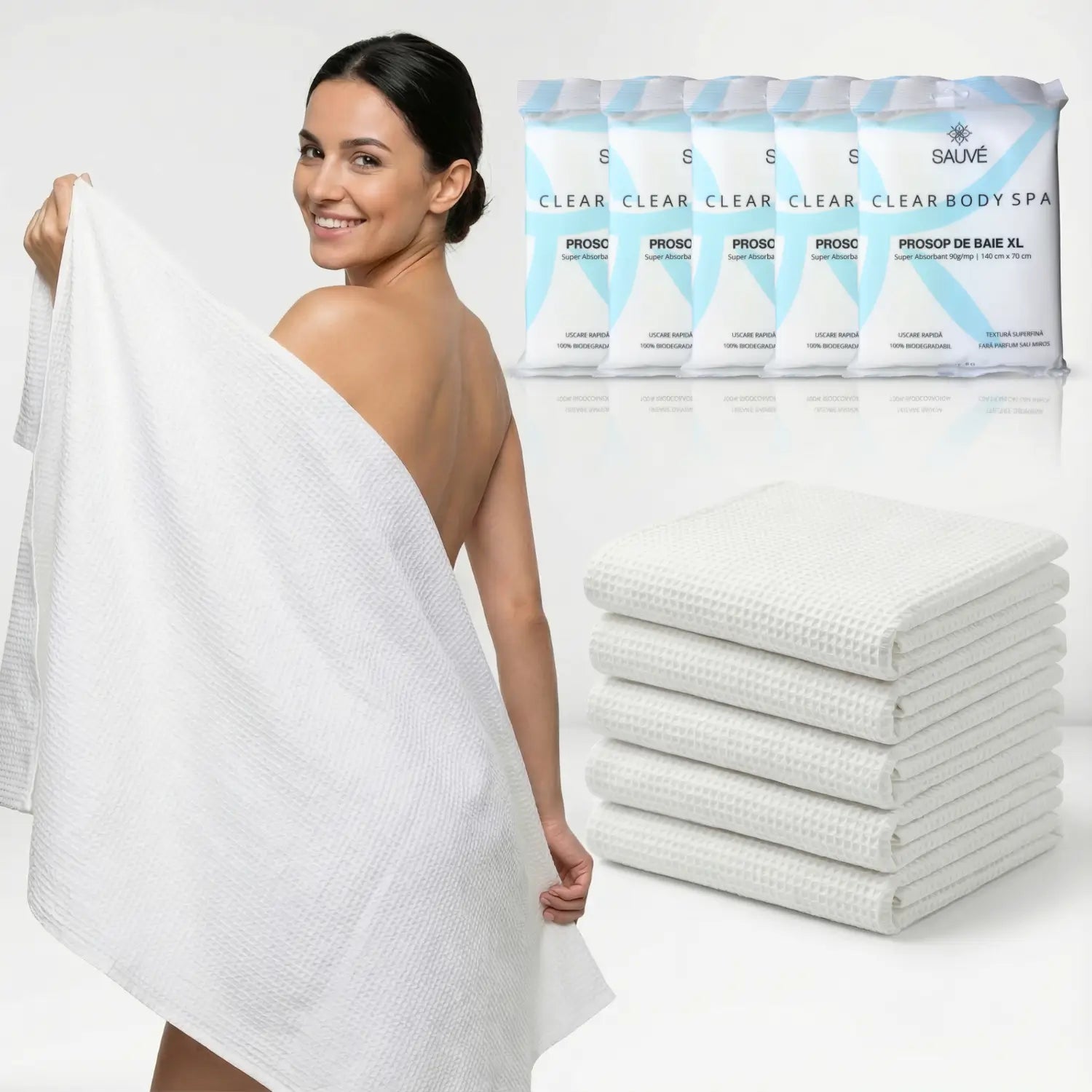 Prosoape de corp de unică folosință Sauvé Clear Body SPA, XL 140x70 cm, vâscoză de bumbac, 100% biodegradabile, ideale pentru călătorii, sală, piscină