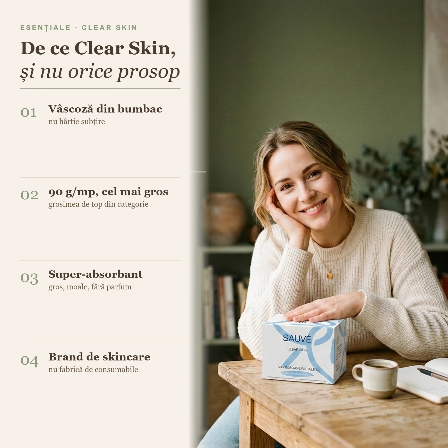 De ce Clear Skin, și nu orice prosop: vâscoză din bumbac 90 g/mp, cel mai gros, super-absorbant, de la un brand de skincare